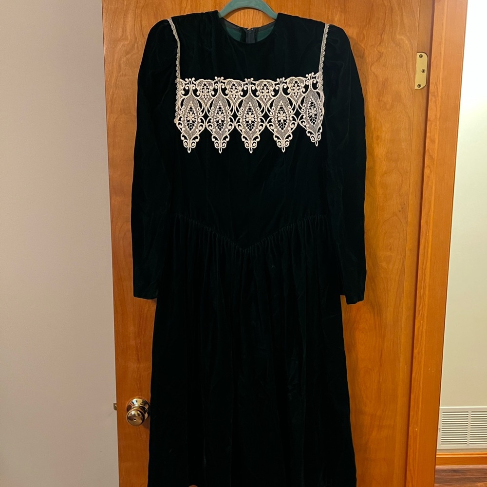 Jessica McClintock Dark Green Velvet Prairie Retro Prom Vintage Dress Size 13